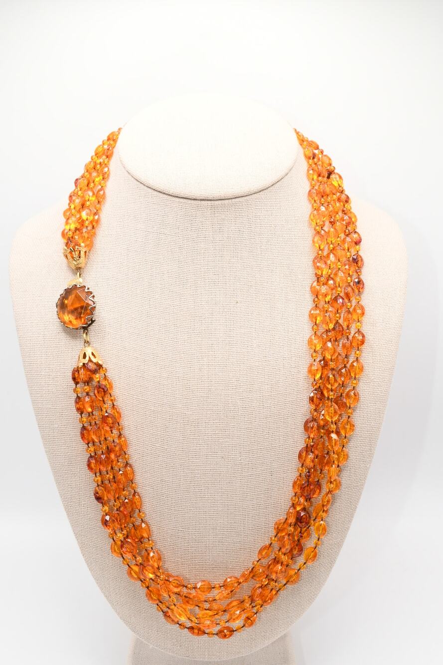 Vintage 1950s Orange Lucite Beaded Necklace 6 Strand Box Clasp 24"